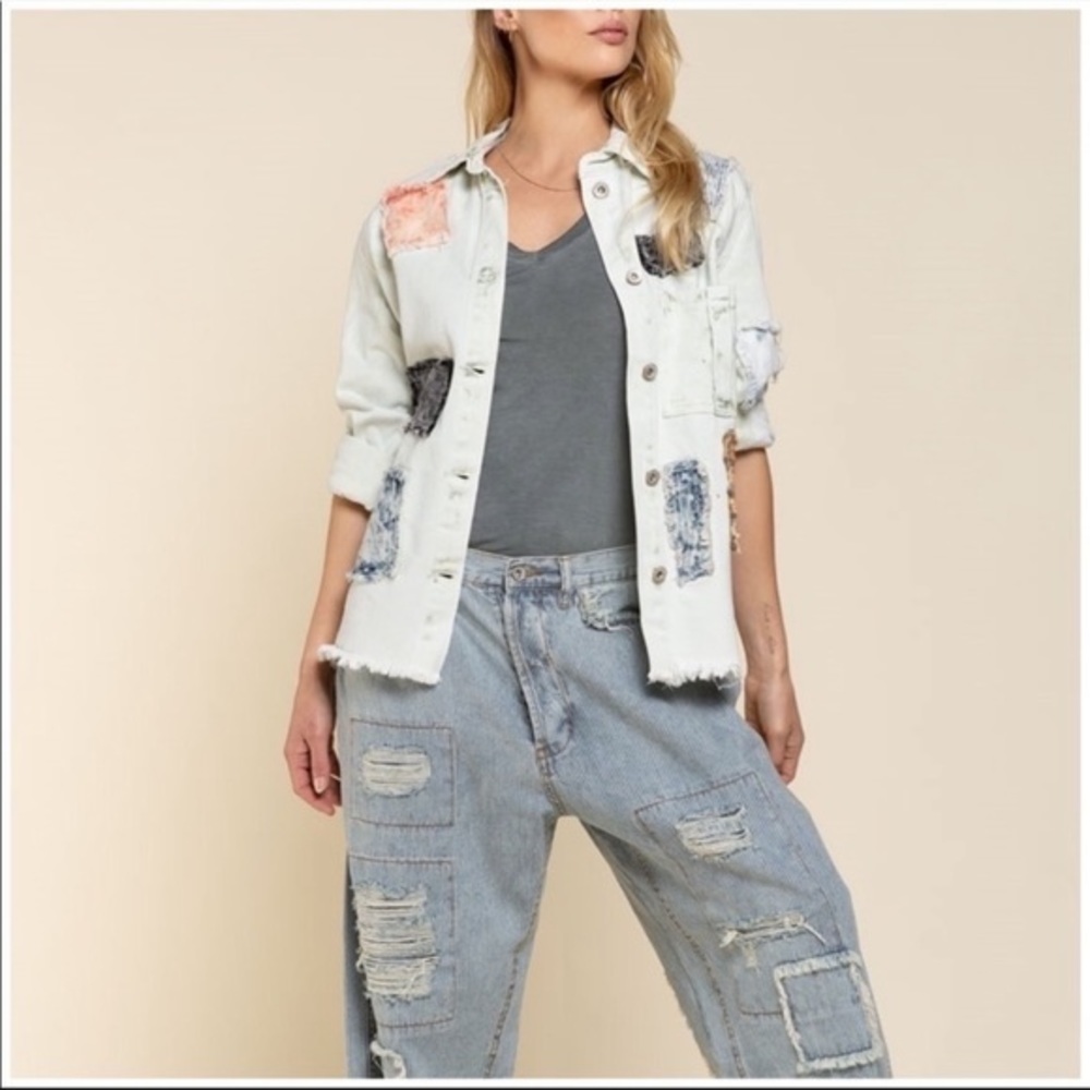 POL Western Bleached Denim Jacket Unique Patchwork Acid Wash Tie Dye - Picture 6 of 11